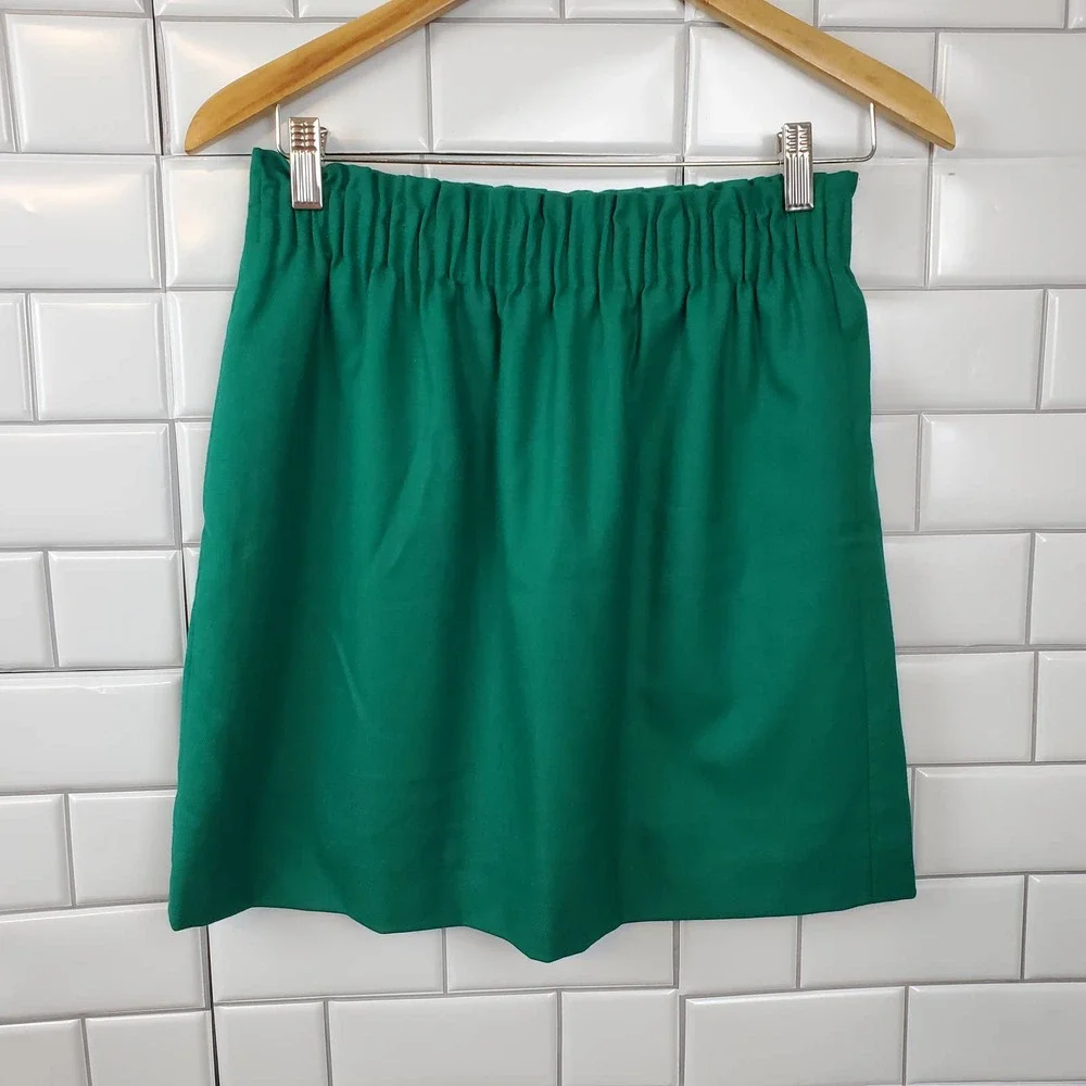 J. CREW | PAPERBAG WOOL BLEND PULL ON GREEN SKIRT POCKETS WOMEN'S SIZE 2